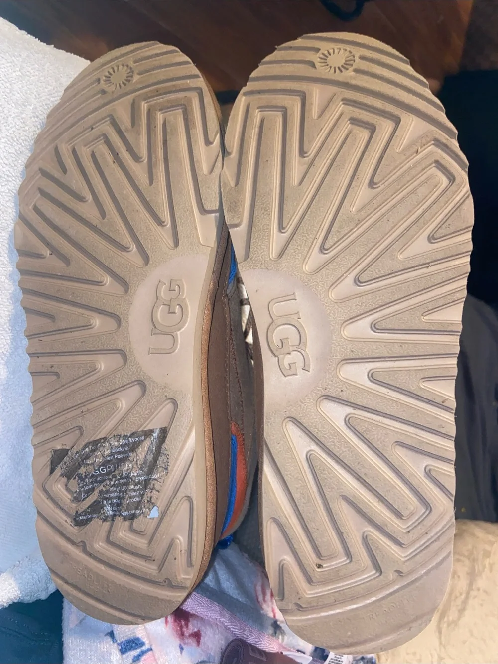 UGG Kids Tan Suede Boots with Bright Orange & Blue Accents